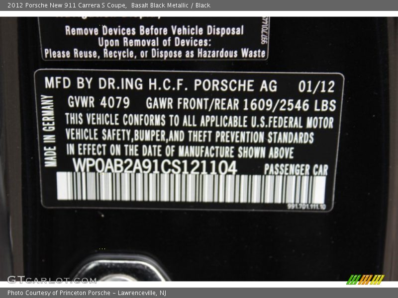 Basalt Black Metallic / Black 2012 Porsche New 911 Carrera S Coupe
