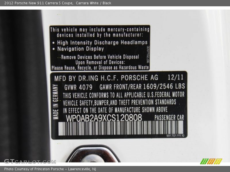 Carrara White / Black 2012 Porsche New 911 Carrera S Coupe