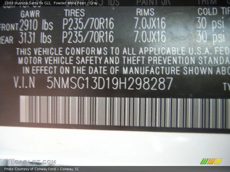 Powder White Pearl / Gray 2009 Hyundai Santa Fe GLS