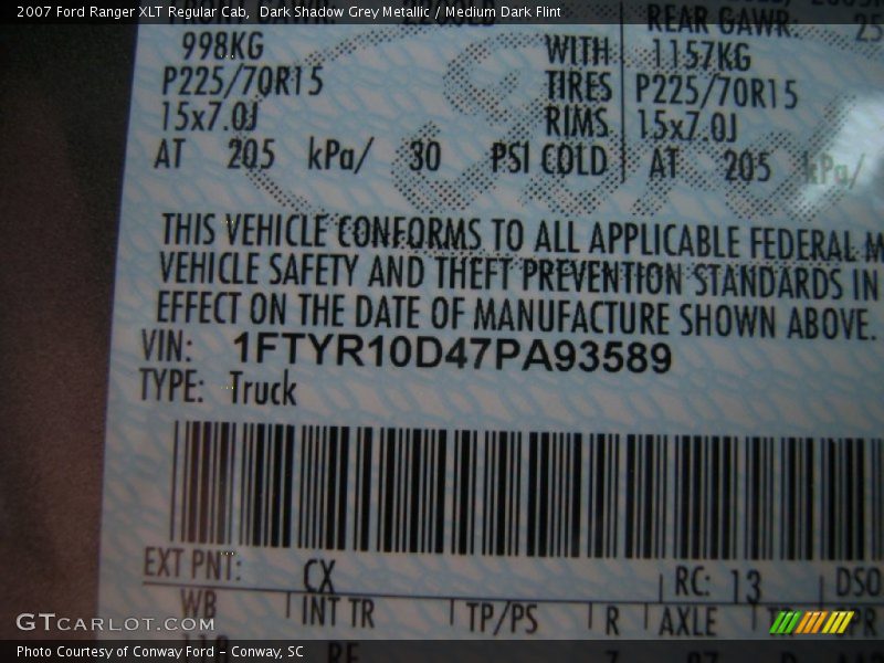 Dark Shadow Grey Metallic / Medium Dark Flint 2007 Ford Ranger XLT Regular Cab