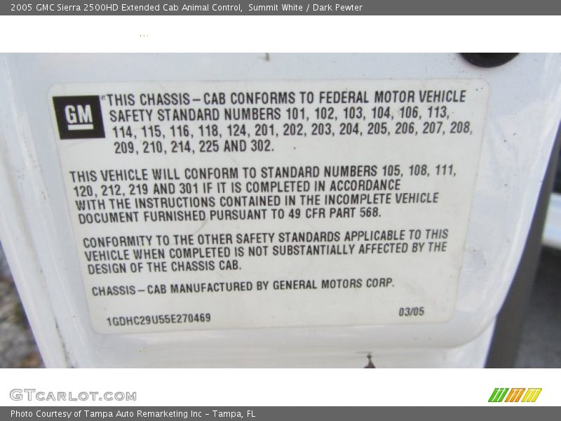 Info Tag of 2005 Sierra 2500HD Extended Cab Animal Control