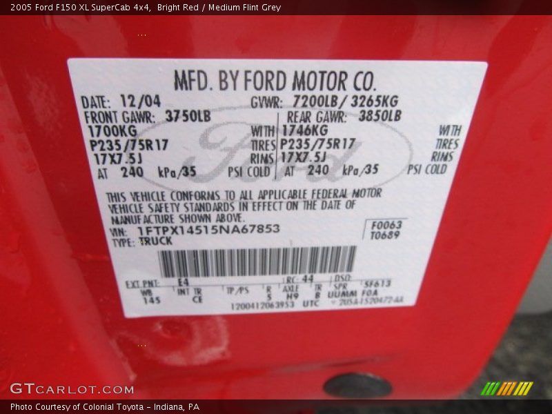 Bright Red / Medium Flint Grey 2005 Ford F150 XL SuperCab 4x4