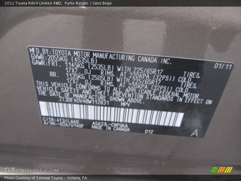 2011 RAV4 Limited 4WD Pyrite Metallic Color Code 4T3