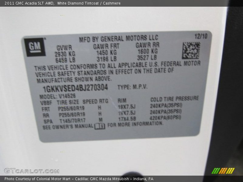 White Diamond Tintcoat / Cashmere 2011 GMC Acadia SLT AWD