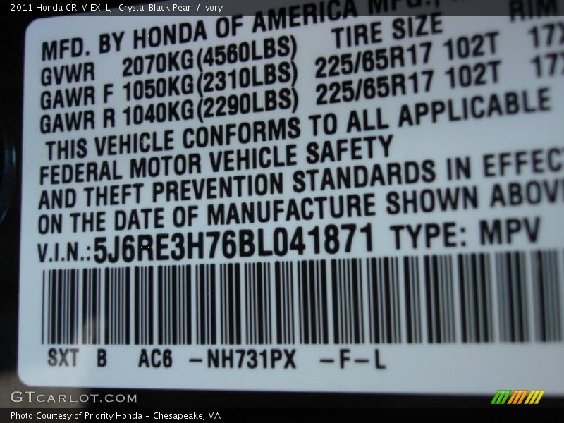 Crystal Black Pearl / Ivory 2011 Honda CR-V EX-L