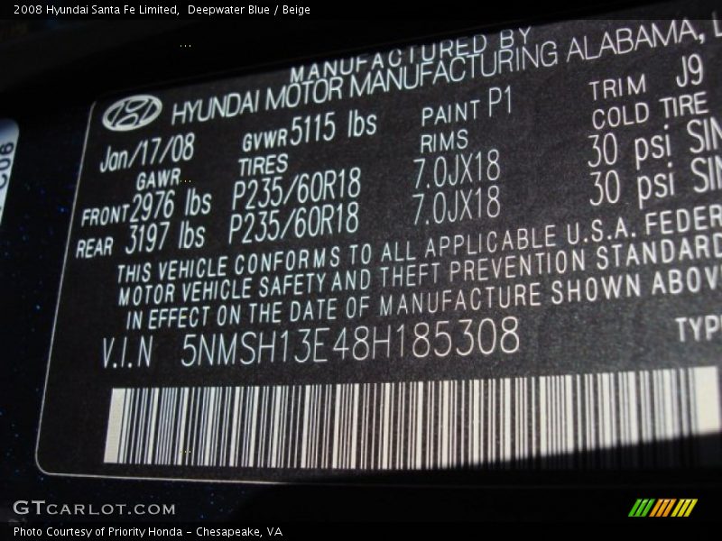 Deepwater Blue / Beige 2008 Hyundai Santa Fe Limited