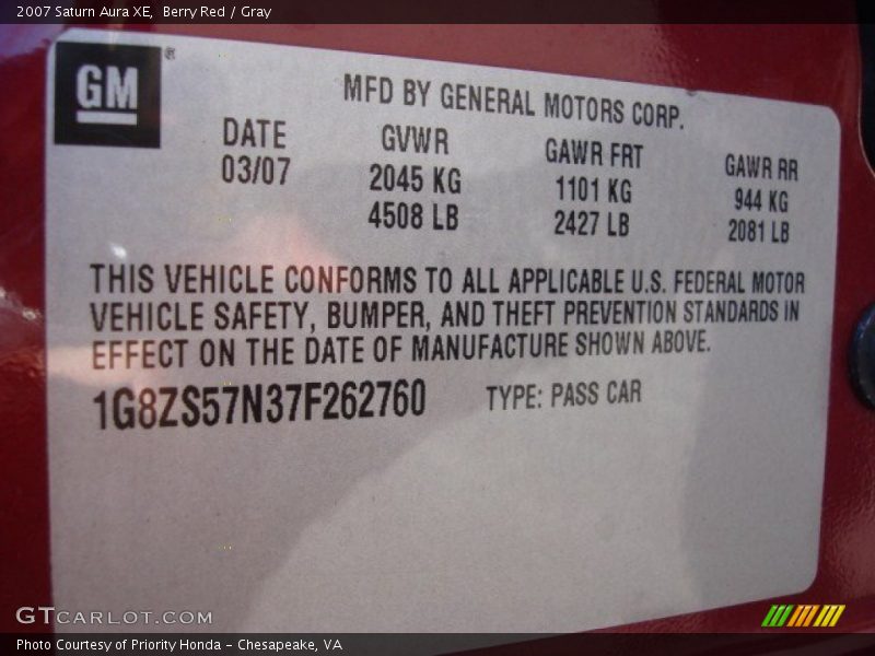 Berry Red / Gray 2007 Saturn Aura XE