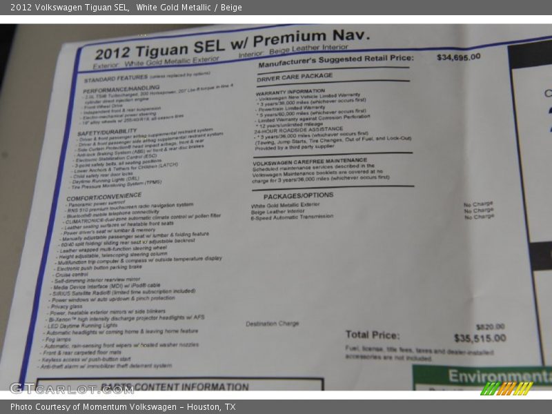  2012 Tiguan SEL Window Sticker