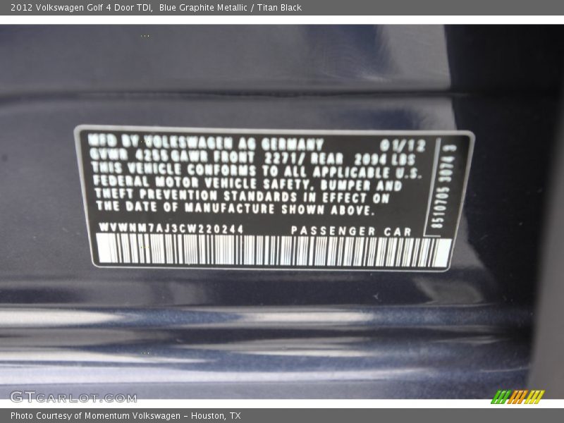 Blue Graphite Metallic / Titan Black 2012 Volkswagen Golf 4 Door TDI