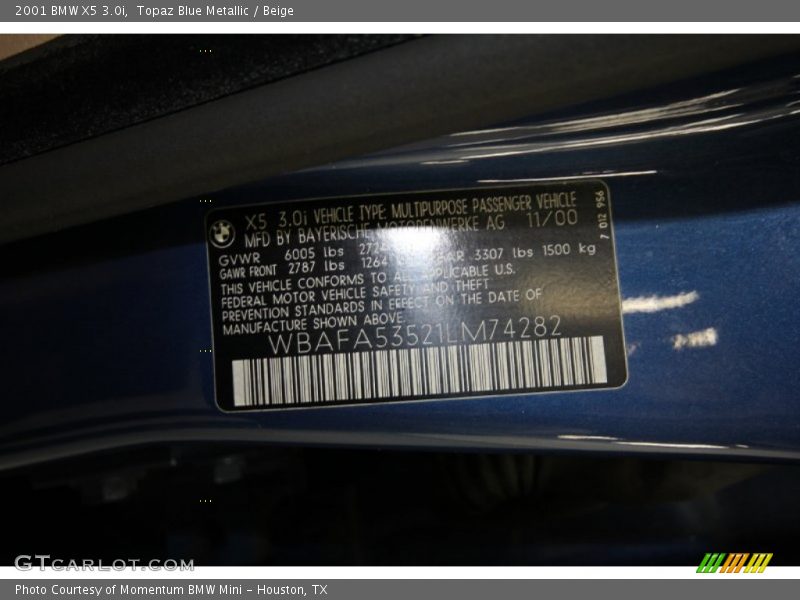 Topaz Blue Metallic / Beige 2001 BMW X5 3.0i