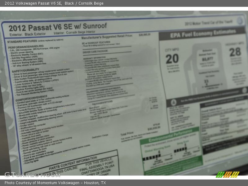 Black / Cornsilk Beige 2012 Volkswagen Passat V6 SE