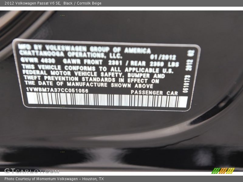 Black / Cornsilk Beige 2012 Volkswagen Passat V6 SE