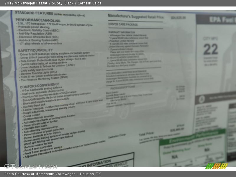 Black / Cornsilk Beige 2012 Volkswagen Passat 2.5L SE