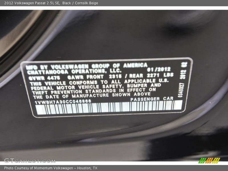 Black / Cornsilk Beige 2012 Volkswagen Passat 2.5L SE