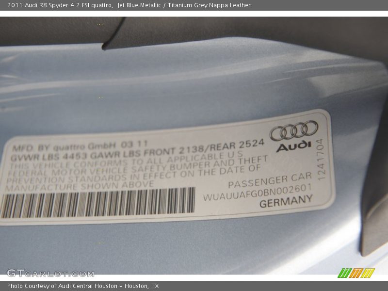 Info Tag of 2011 R8 Spyder 4.2 FSI quattro
