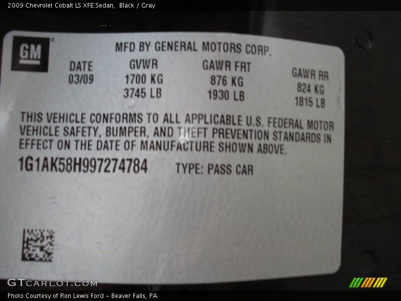 Black / Gray 2009 Chevrolet Cobalt LS XFE Sedan