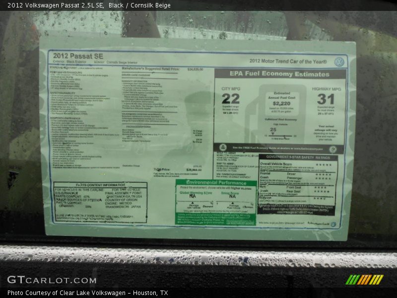 Black / Cornsilk Beige 2012 Volkswagen Passat 2.5L SE