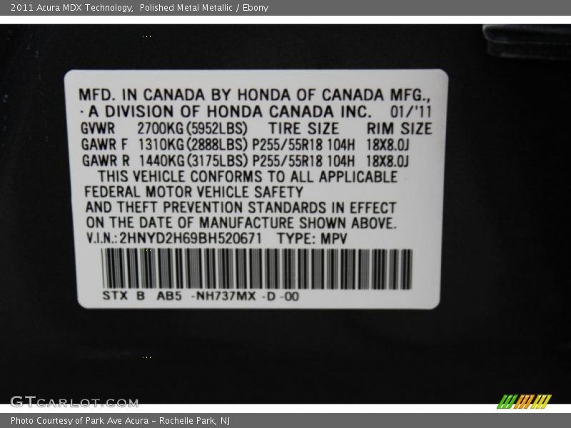 2011 MDX Technology Polished Metal Metallic Color Code NH737MX