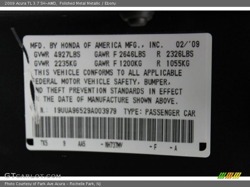 Polished Metal Metallic / Ebony 2009 Acura TL 3.7 SH-AWD