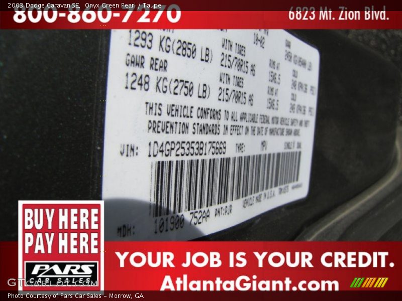 Onyx Green Pearl / Taupe 2003 Dodge Caravan SE