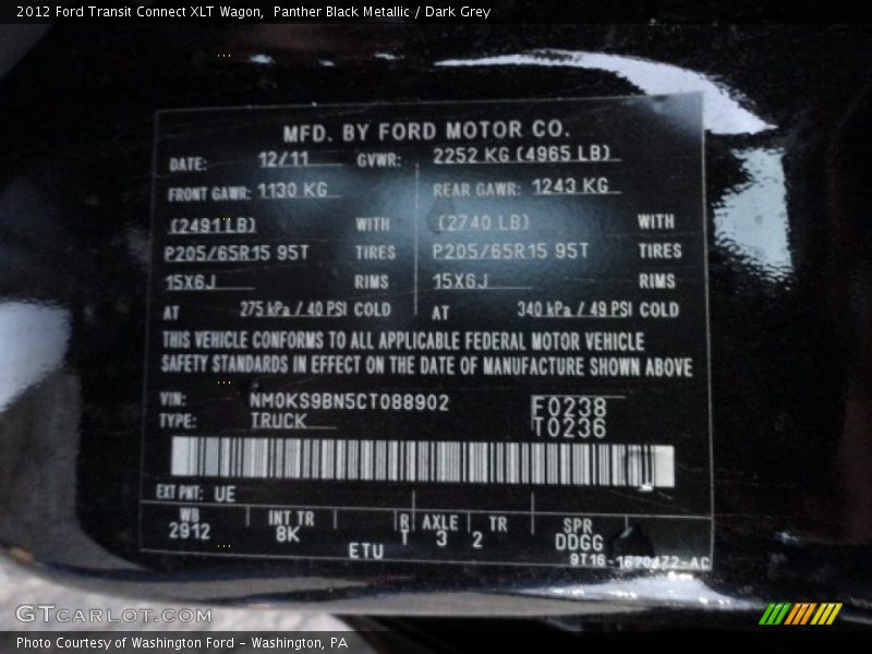 2012 Transit Connect XLT Wagon Panther Black Metallic Color Code UE