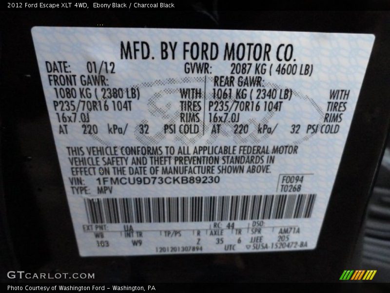 Ebony Black / Charcoal Black 2012 Ford Escape XLT 4WD