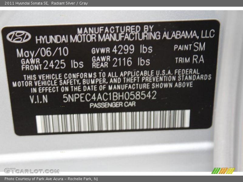 2011 Sonata SE Radiant Silver Color Code SM