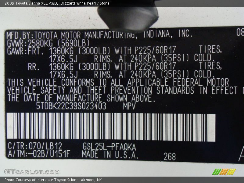 Blizzard White Pearl / Stone 2009 Toyota Sienna XLE AWD