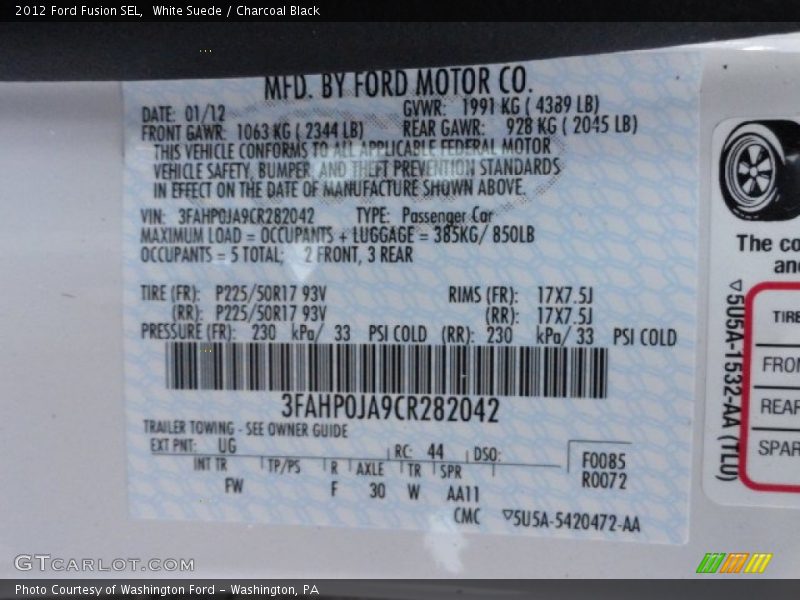 White Suede / Charcoal Black 2012 Ford Fusion SEL