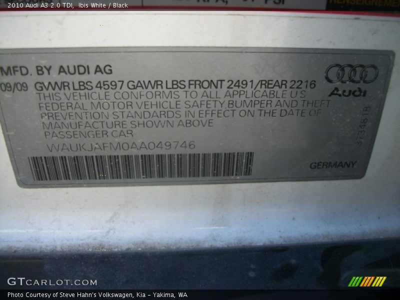 Ibis White / Black 2010 Audi A3 2.0 TDI