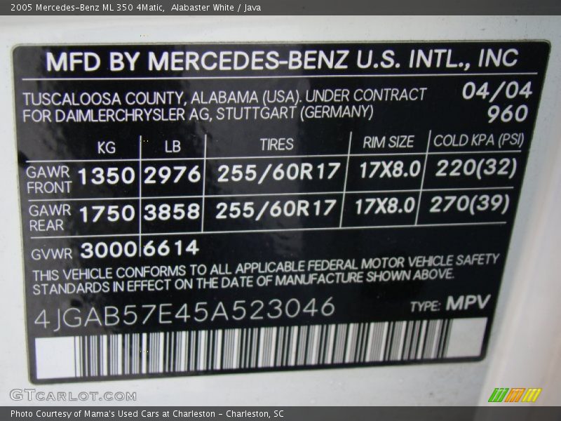 Alabaster White / Java 2005 Mercedes-Benz ML 350 4Matic