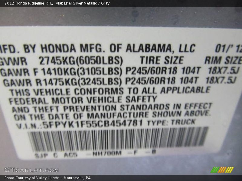 Alabaster Silver Metallic / Gray 2012 Honda Ridgeline RTL