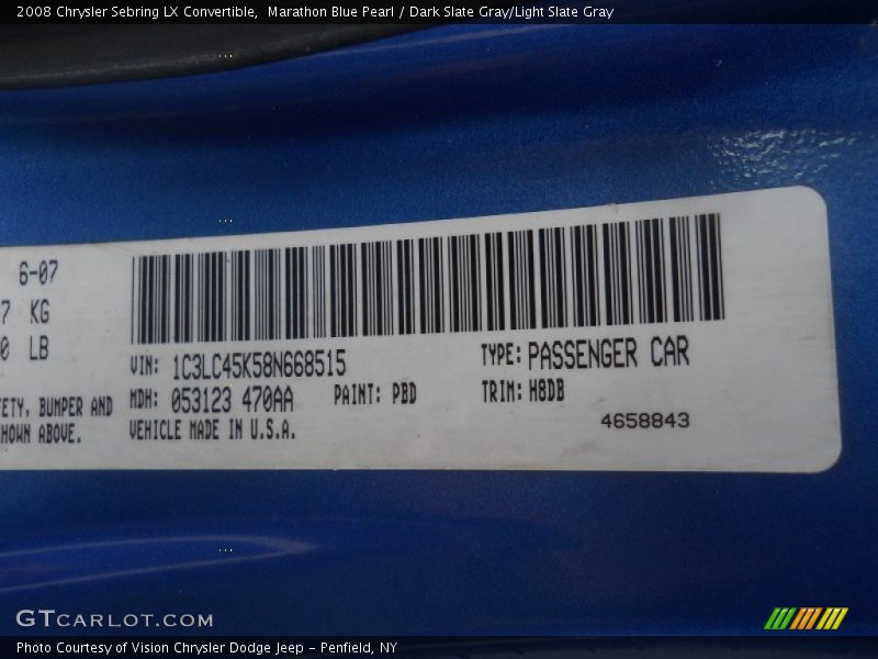 2008 Sebring LX Convertible Marathon Blue Pearl Color Code PBD