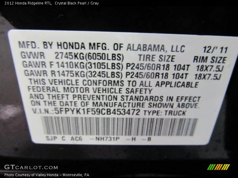 Crystal Black Pearl / Gray 2012 Honda Ridgeline RTL