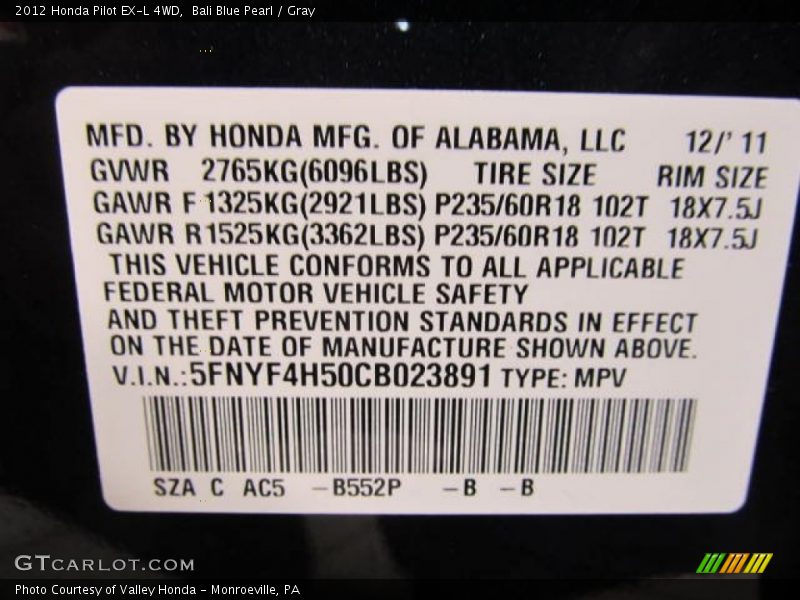 Bali Blue Pearl / Gray 2012 Honda Pilot EX-L 4WD