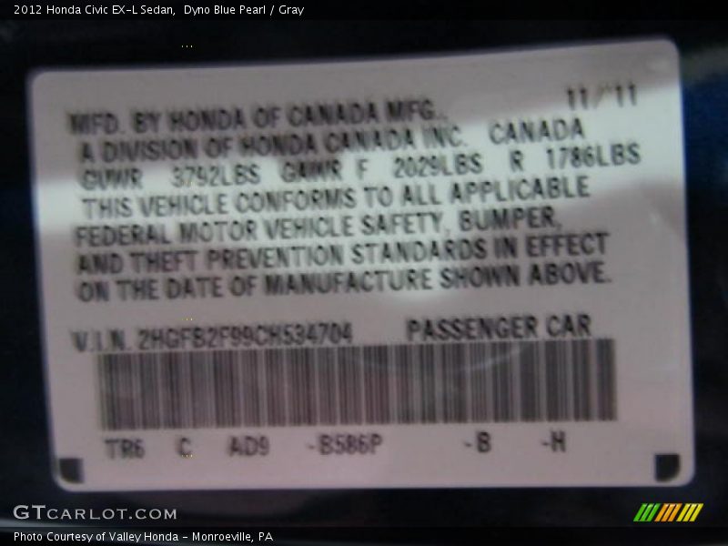 2012 Civic EX-L Sedan Dyno Blue Pearl Color Code B586P