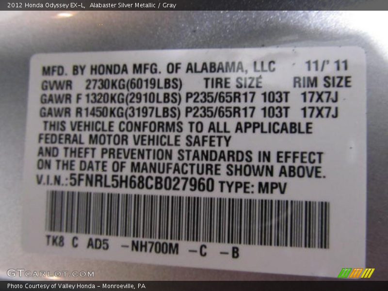 Alabaster Silver Metallic / Gray 2012 Honda Odyssey EX-L