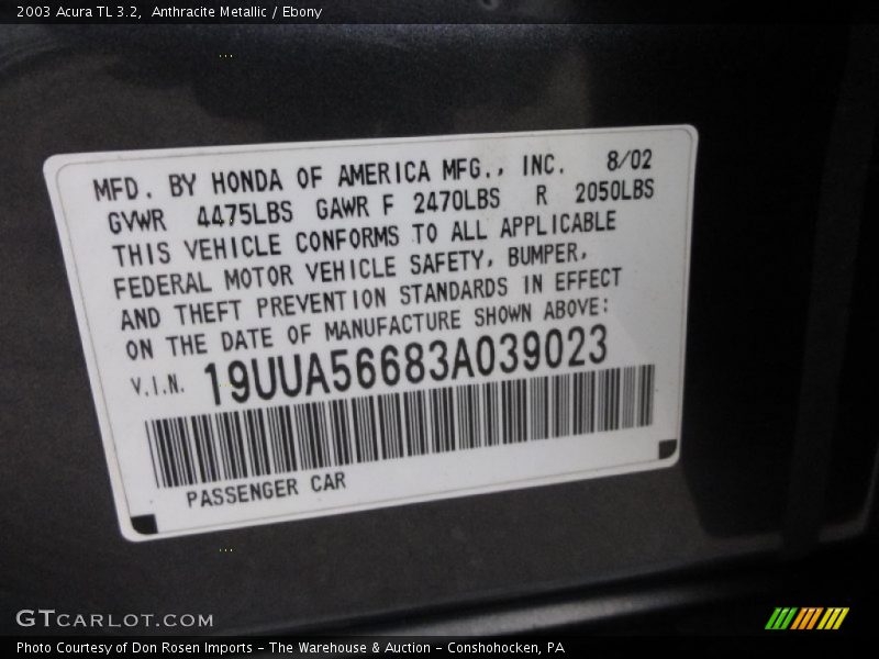 Anthracite Metallic / Ebony 2003 Acura TL 3.2