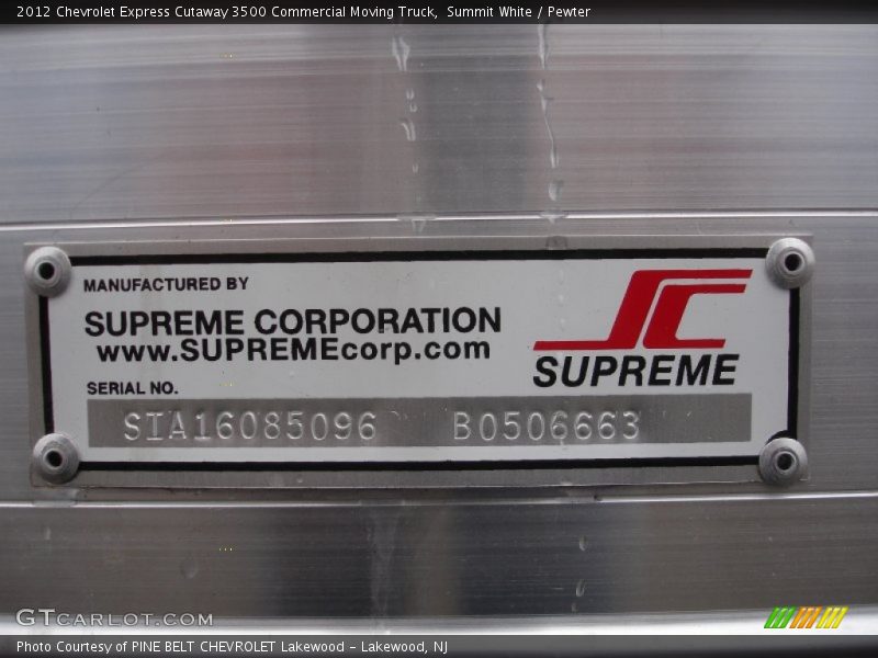 Info Tag of 2012 Express Cutaway 3500 Commercial Moving Truck