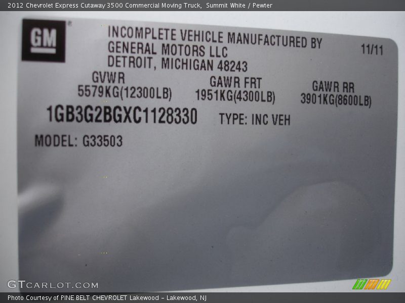 Info Tag of 2012 Express Cutaway 3500 Commercial Moving Truck