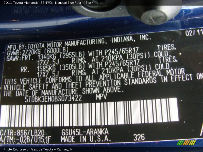 2011 Highlander SE 4WD Nautical Blue Pearl Color Code 8S6