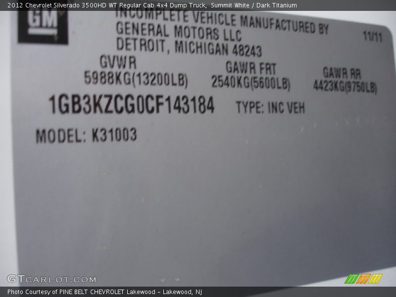 Summit White / Dark Titanium 2012 Chevrolet Silverado 3500HD WT Regular Cab 4x4 Dump Truck