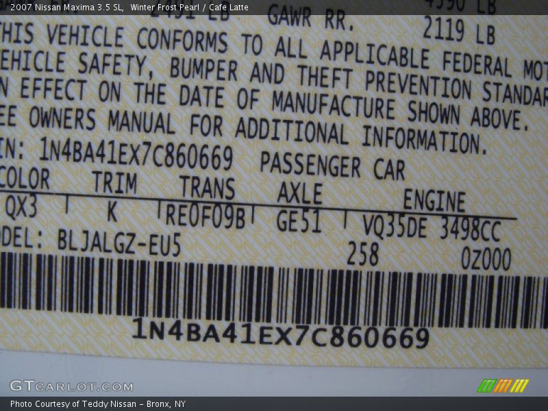 Winter Frost Pearl / Cafe Latte 2007 Nissan Maxima 3.5 SL