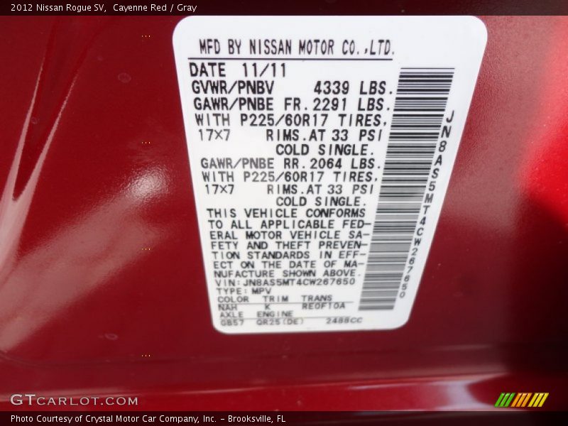 Cayenne Red / Gray 2012 Nissan Rogue SV