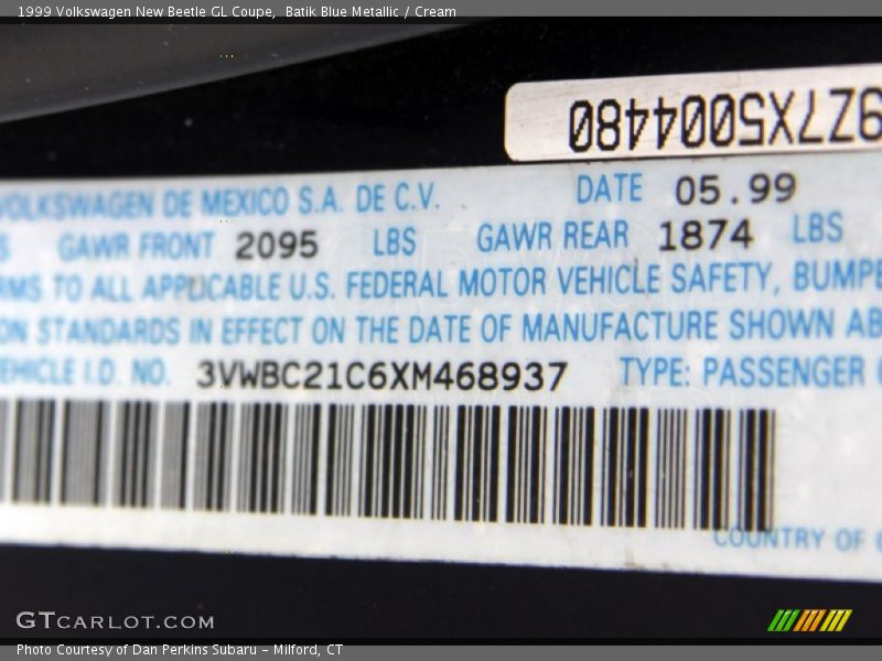 Batik Blue Metallic / Cream 1999 Volkswagen New Beetle GL Coupe