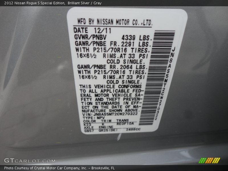 Brilliant Silver / Gray 2012 Nissan Rogue S Special Edition