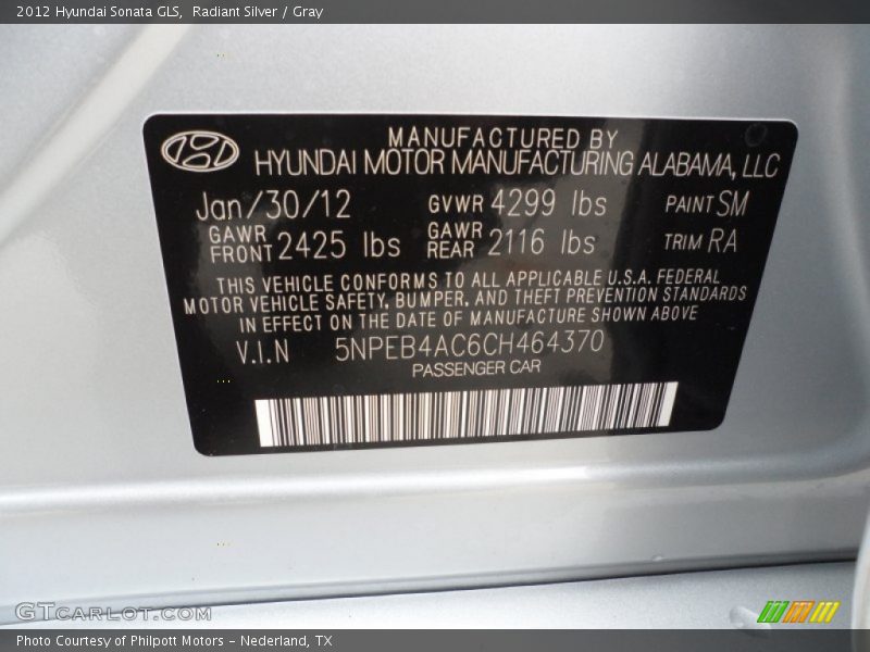 Radiant Silver / Gray 2012 Hyundai Sonata GLS