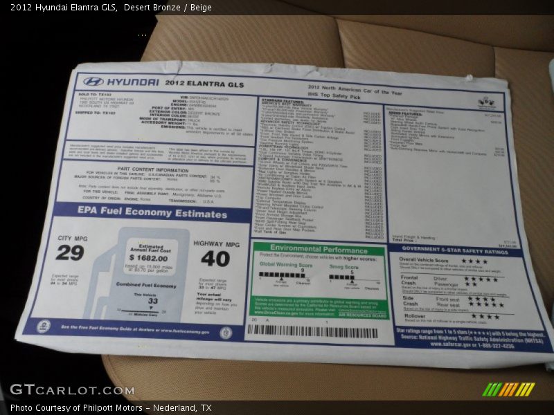 2012 Elantra GLS Window Sticker