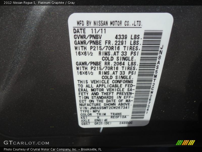 Platinum Graphite / Gray 2012 Nissan Rogue S