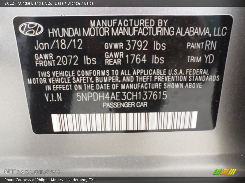 2012 Elantra GLS Desert Bronze Color Code RN
